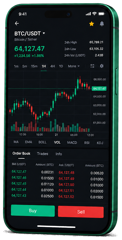 Melkarun Varemino Trading-App auf dem Mobilgerät – Live BTC/USDT Chart, Orderbuch sowie Kauf- und Verkaufsoptionen